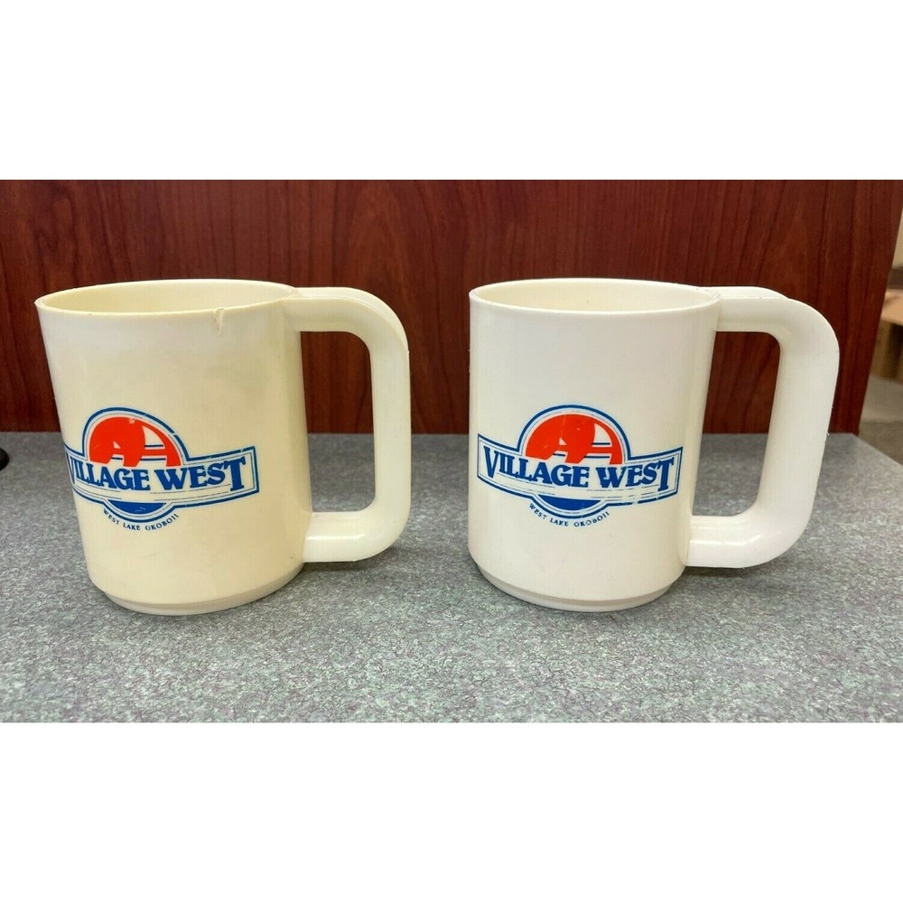 Lot of 2 Vintage Plastic Village West Lake Okoboji Mug Cups Glasses